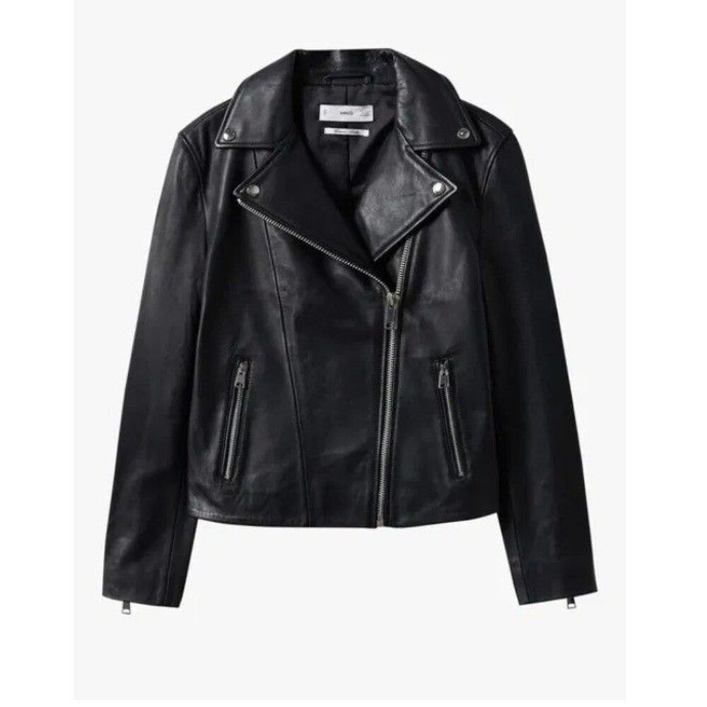 MANGO MNG XS Black Sheepskin Leather Moto Jacket Cropped Hem, Full Zip